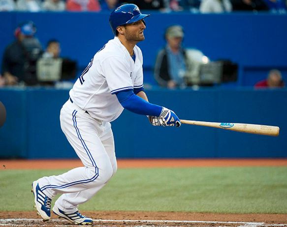 Kevin Pillar lined out to right in his first MLB at-bat, on 8/14/2013 (Nathan Denette/AP)