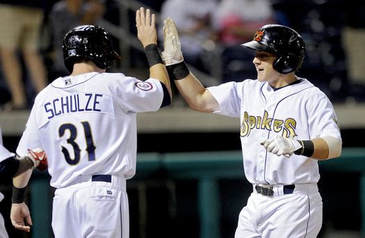 Mason Katz celebrates his 9th-inning HR in the championship series finale (ABBY DREY — CDT photo)