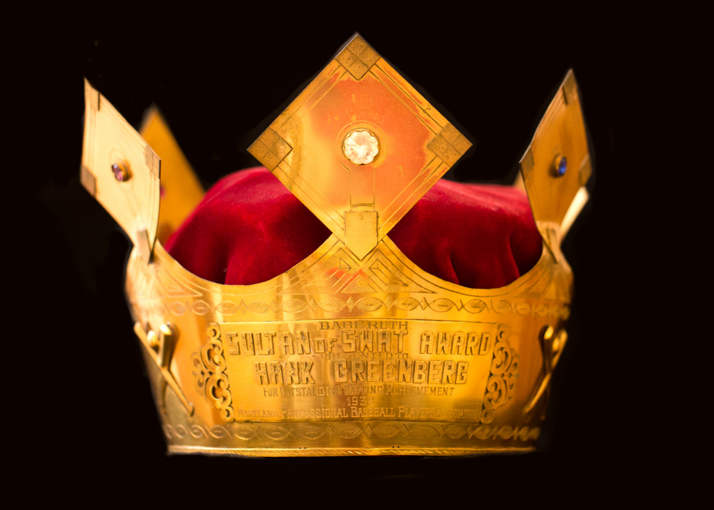 Hank Greenberg's 'Sultan of Swat' crown, bestowed in recognition of his 1938 season by the Maryland Professional Baseball Writers Association, in 1965. Greenberg logged 58 home runs in 1938, 2 shy of Babe Ruth’s record (Courtesy of Steve Greenberg)