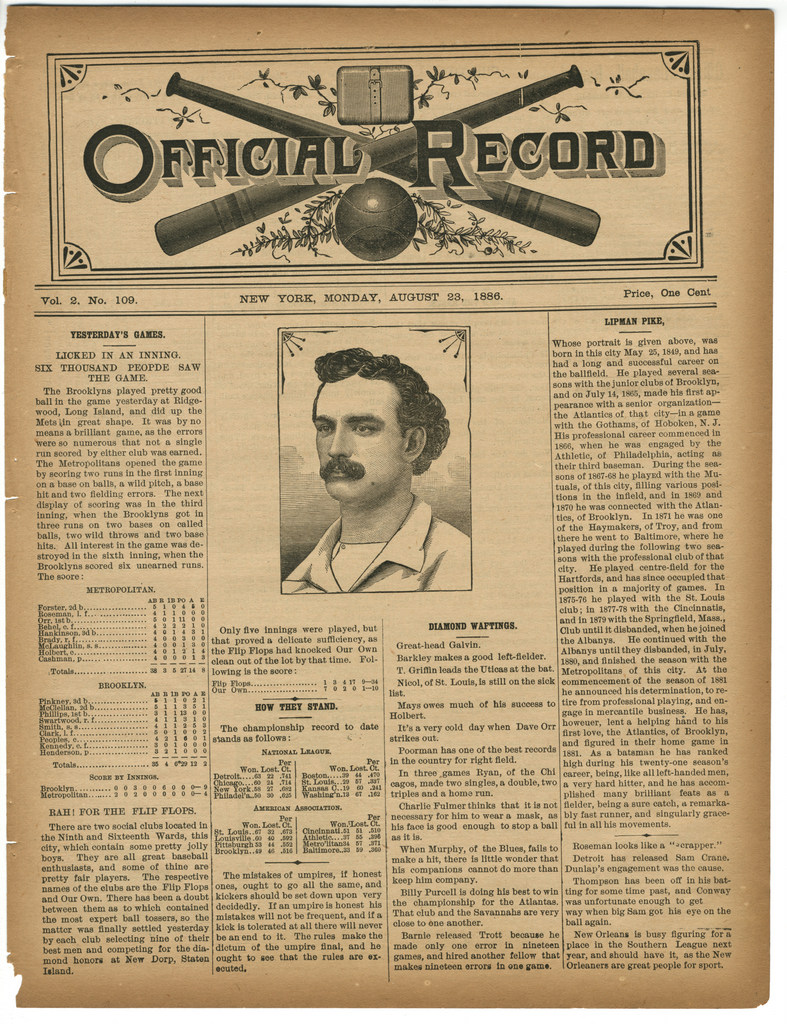 Five years after the 41-year-old Lipman Pike had made his last major league appearance, he was still making headlines (Official “Baseball” Record, August 23, 1886, National Museum of American Jewish History, 2013.54.1, Gift of Gil Bogen in memory of Rosalyn Rae Bogen)