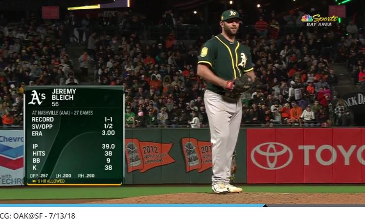 Jeremy Bleich makes his MLB debut in the 7th inning of Oakland's 7/13/2018 game against the San Francisco Giants